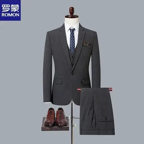 罗蒙新郎西服套装男士三件套休闲商务正装修身结婚礼服格子西装男图片