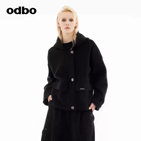 odbo/欧迪比欧时尚毛呢外套2024秋冬新款学院风宽松连帽女士大衣图片