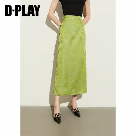DPLAY夏新款新中式国风薄荷曼波绿直筒裙高腰半身裙女图片
