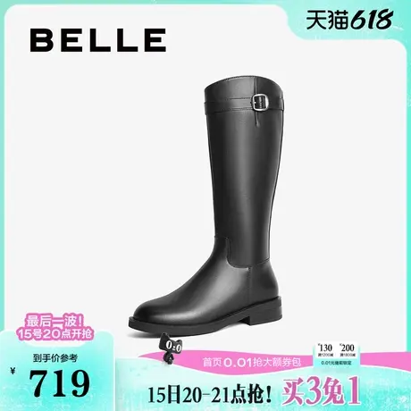 百丽女靴子长靴冬季新款英伦风长筒靴厚底黑色骑士靴B2343DG4图片