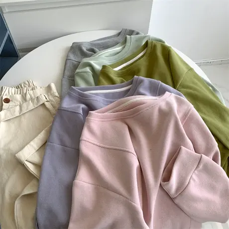 简约设计感米妮棉前开叉套头圆领卫衣女韩版秋季纯色学生上衣外套商品大图