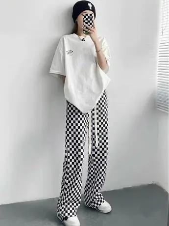 冰丝棋盘格阔腿裤女夏薄款2023年新款裤子高腰垂感直筒夏季休闲裤商品大图