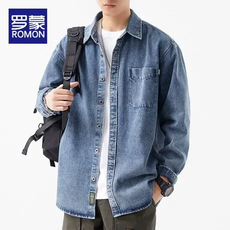 罗蒙牛仔衬衫男士长袖春秋季ins潮牌宽松工装衬衣服痞帅休闲外套图片