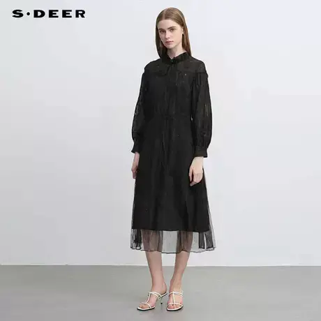 sdeer圣迪奥春秋装女装木耳边圆领提花网纱收腰连衣裙S241Z1243图片