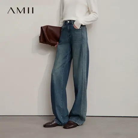 Amii2025秋新款极简港风做旧深浅水洗磨白阔腿直筒无弹牛仔长裤商品大图