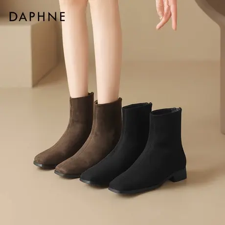 达芙妮棕色小短靴女2026新款秋冬加绒平底绒面靴子女士瘦瘦马丁靴图片