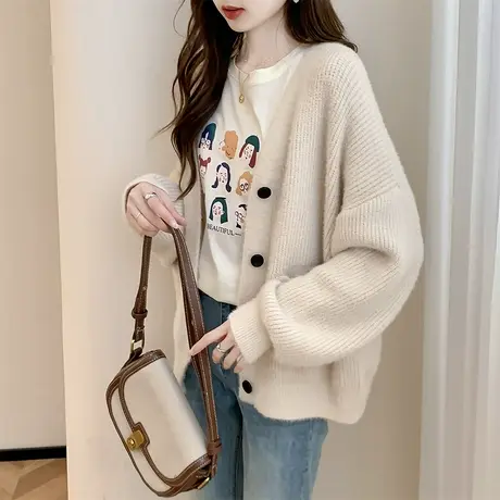 唐狮秋冬毛衣女简约风软糯绒感V领开衫针织外套春秋高级感instu图片