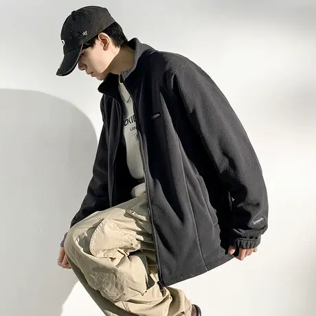 唐狮摇粒绒外套男秋冬季新款立领保暖加绒外套加厚休闲纯色款TD图片