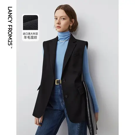朗姿复古纯羊毛高端气质洋气黑色无袖西装马夹女2023秋季新款马甲图片