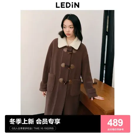 乐町复古简约牛角扣大衣女2023冬季新款美拉德风翻领宽松毛毛外套图片