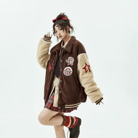 YEP美式拼接棒球服棉服女冬季加厚羊羔毛外套新款复古贴标棉衣商品大图