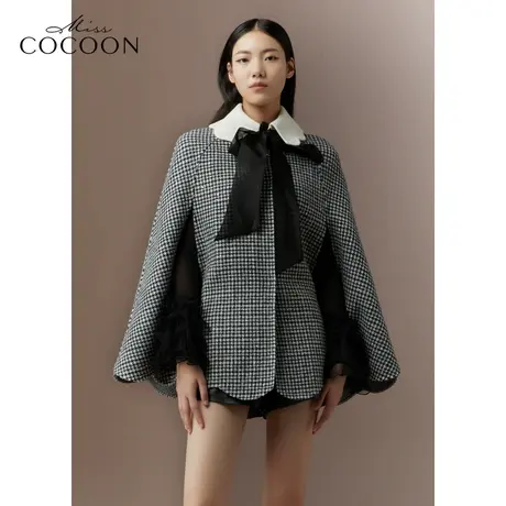 COCOON商场同款2023秋冬新款蝴蝶结花瓣式绵羊毛披风式毛呢大衣商品大图