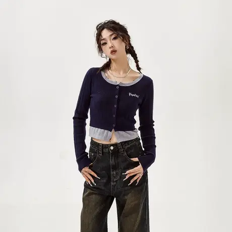 YEP拼接紧身短款宝蓝色毛衣女秋冬2023新款辣妹风复古针织开衫潮图片