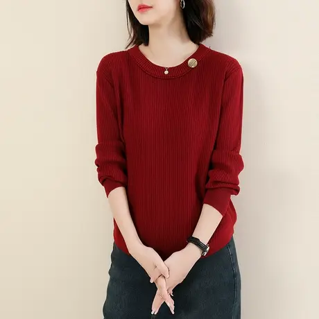 新品8.5折】气质圆领长袖套头毛衣女休闲百搭红色针织上衣商品大图