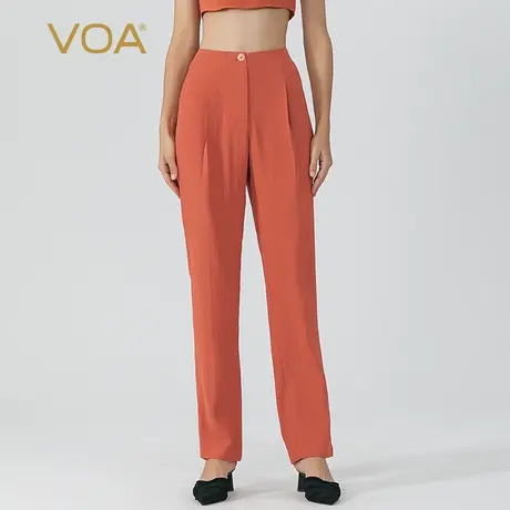 VOA棕红色41姆米条纹重磅桑蚕丝一粒扣自然腰侧口袋真丝西装裤女图片