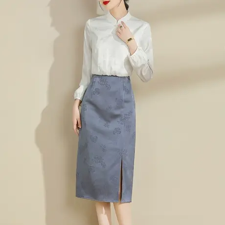 水墨青华2024提花新中式国风连衣裙新款春装优雅百搭假两件套裙商品大图