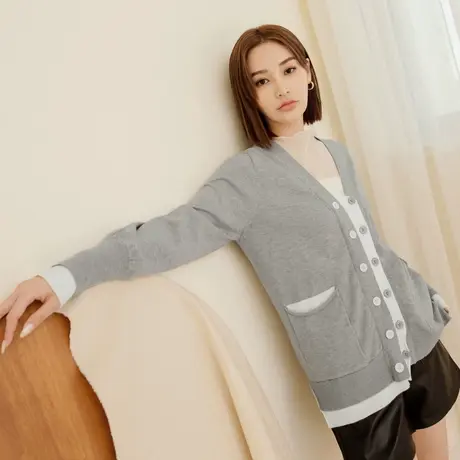 桔熊秋冬季不对称设计感温暖包芯纱撞色针织衫外套女装大码FA2596图片