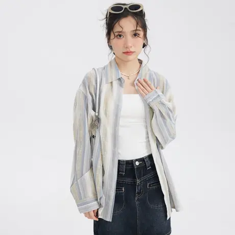 中长款甜美气质竖条纹衬衫上衣女夏季2023新款防晒衫小个子衬衣图片