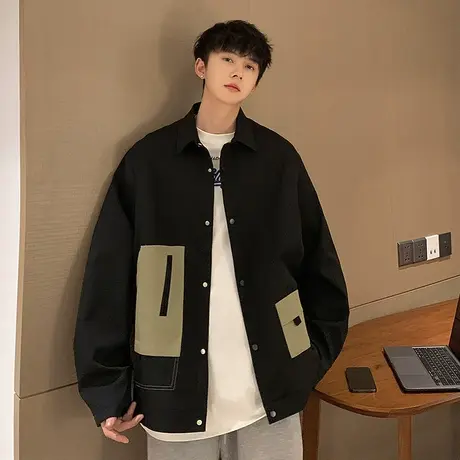 外套男春秋款工装休闲翻领夹克情侣2024潮流嘻哈撞色拼接宽松上衣商品大图