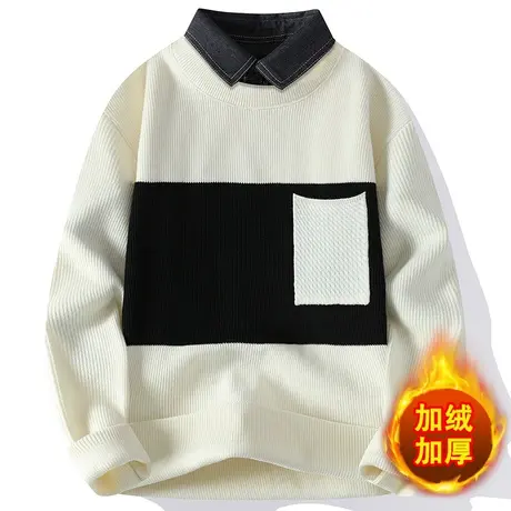 秋冬季假两件毛衣男衬衫领宽松加绒加厚潮流休闲带领针织打底衫商品大图