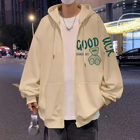 连帽加绒卫衣外套男春秋季潮牌重磅宽松高街港风国潮小熊拉链开衫图片