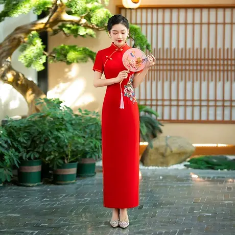 红色长款修身改良迎宾礼仪旗袍舞台走秀旗袍回娘家团队演出服旗袍图片