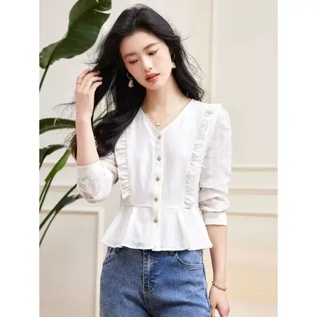 时尚气质花边淑女衬衫2023年春季新款温柔甜美V领显瘦通勤上衣商品大图