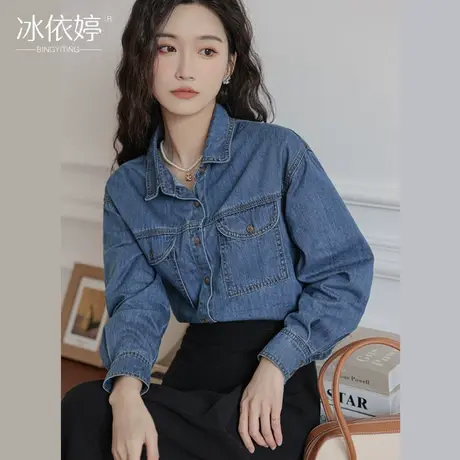 春秋复古休闲牛仔衬衫女宽松设计感小众百搭衬衣外套长袖叠穿上衣商品大图
