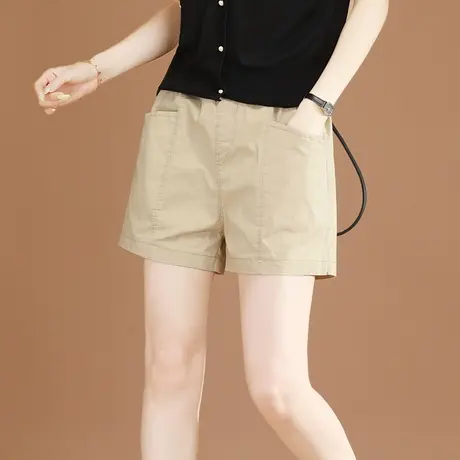 松紧腰拼接休闲短裤女2024年夏季新款黑色宽松直筒阔腿热裤子薄款图片