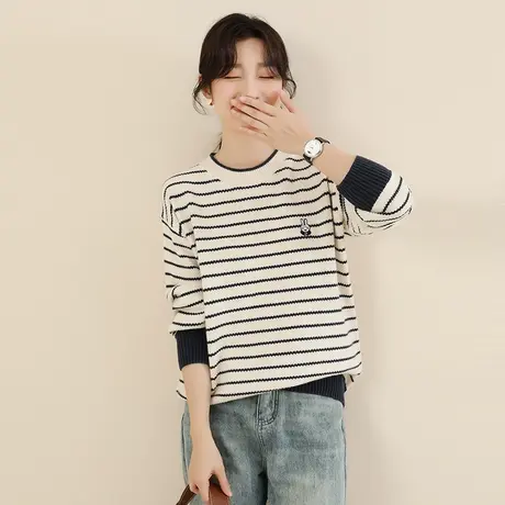 韩潮袭人慵懒风圆领条纹套头毛衣打底衫女2023秋冬装宽松内搭上衣图片