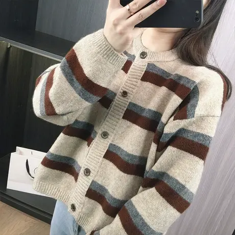 短款针织衫女开衫慵懒风宽松毛衣外套2023年秋装新款春秋条纹上衣商品大图