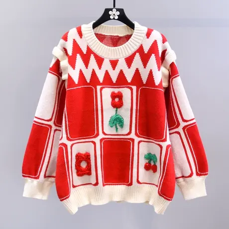 日系甜美刺绣花朵毛衣女冬季2023新款宽松慵懒风设计感减龄针织衫图片