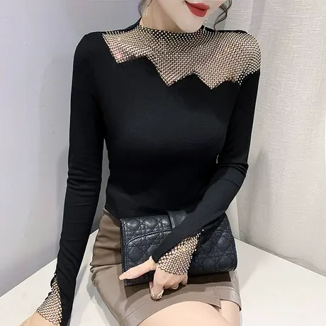半高领紧身内搭打底衫女春秋性感镂空长袖T恤网钻拼接加绒上衣潮商品大图