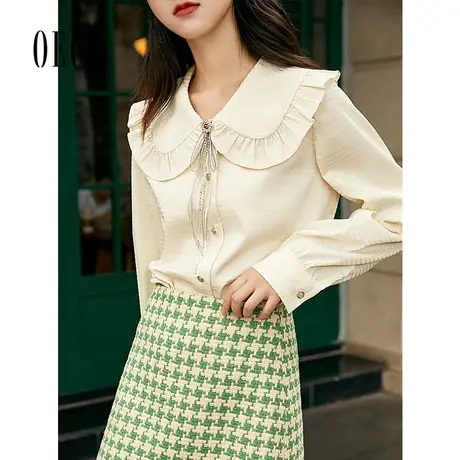 Oece甜美气质衬衣春秋新款女法式娃娃领长袖衬衫商品大图