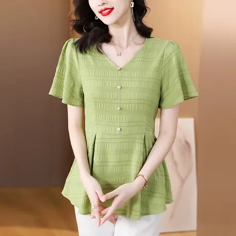 时尚V领女士雪纺衫2023夏季新款高级感褶皱中长款短袖收腰显瘦衫图片
