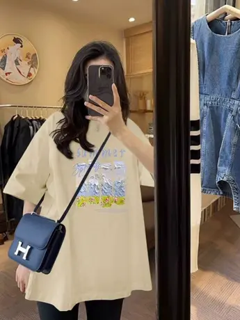 新款2023欧货纯棉短袖t恤女宽松圆领印花中长款体恤上衣夏季ins潮商品大图