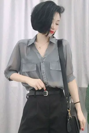 防晒衬衫女2025新款夏季宽松短袖雪纺衬衣轻薄款开衫透视网纱上衣商品大图