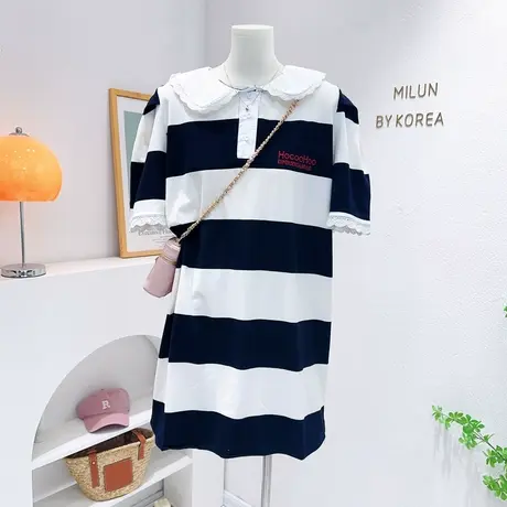 韩国东大门泡泡袖连衣裙~2023夏款polo娃娃领条纹中长款T恤裙休闲图片