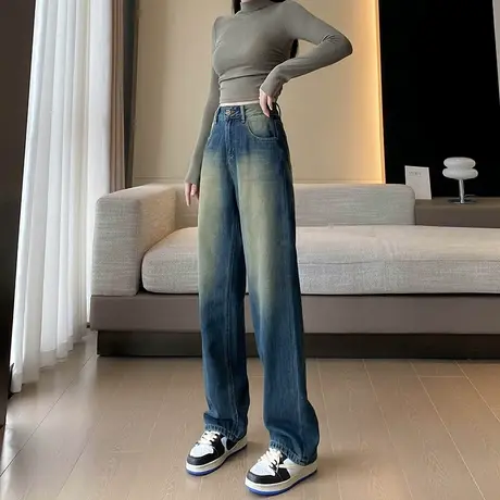 复古蓝阔腿牛仔裤女秋季新款高腰显瘦宽松直筒垂感水洗做旧拖地裤商品大图