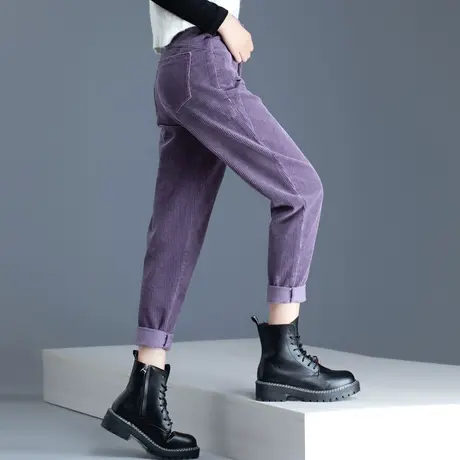 紫色灯芯绒裤子女秋冬季休闲2024新款加绒女裤哈伦裤条绒裤老爹裤商品大图