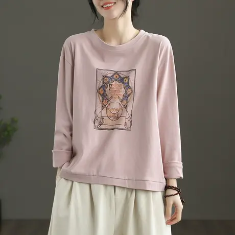 dza 白色纯棉长袖上衣2022新款宽松t恤女士打底衫初秋季短款体恤商品大图