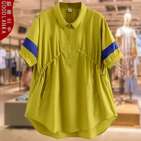 大码中年胖妈妈夏装中长款上衣宽松时尚遮肚休闲百搭套头纯棉衬衫商品大图