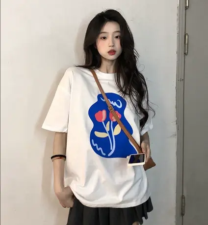 2024新款夏季宽松纯棉短袖t恤女字母印花白色半袖体恤女装上衣潮图片