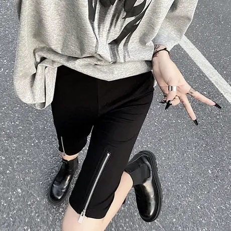 五分裤女夏宽松复古暗黑系修身拉链设计感紧身沙滩打底短裤外穿潮图片