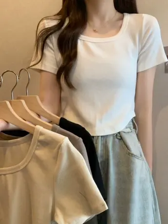 纯欲短款短袖t恤女2023新款夏季小众设计感辣妹韩系chic别致上衣商品大图