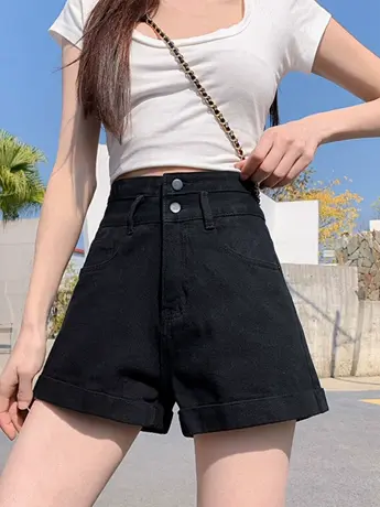 清仓捡漏黑色超高腰牛仔短裤女2023夏季宽松显瘦a字热裤ins薄款图片