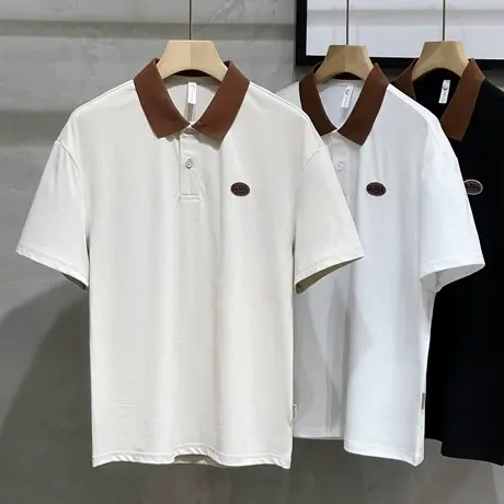 日系撞色领POLO衫短袖男珠地棉透气宽松休闲翻领打底衫t恤男潮牌商品大图