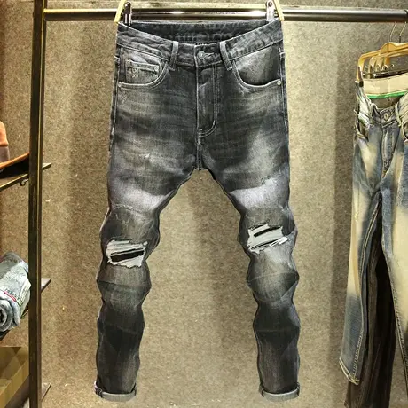 秋冬款大破洞牛仔裤男韩版修身小脚裤潮牌百搭黑灰色时尚弹力长裤商品大图