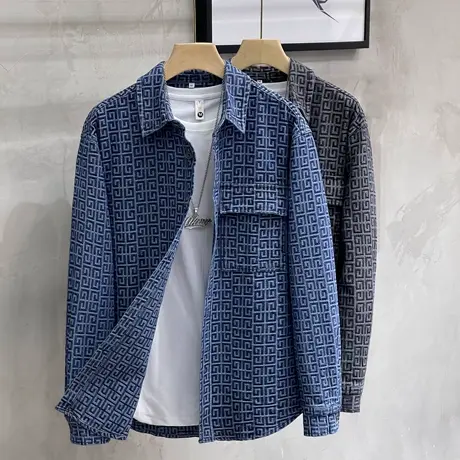 肌理纹路春秋季男装美式薄款牛仔夹克男衬衣外套宽松时尚休闲潮流商品大图