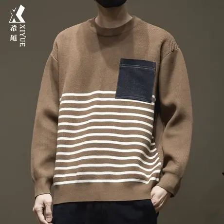 12针莫代尔针织条纹毛衣男冬季保暖宽松大码男士毛衫慵懒风毛线衣商品大图